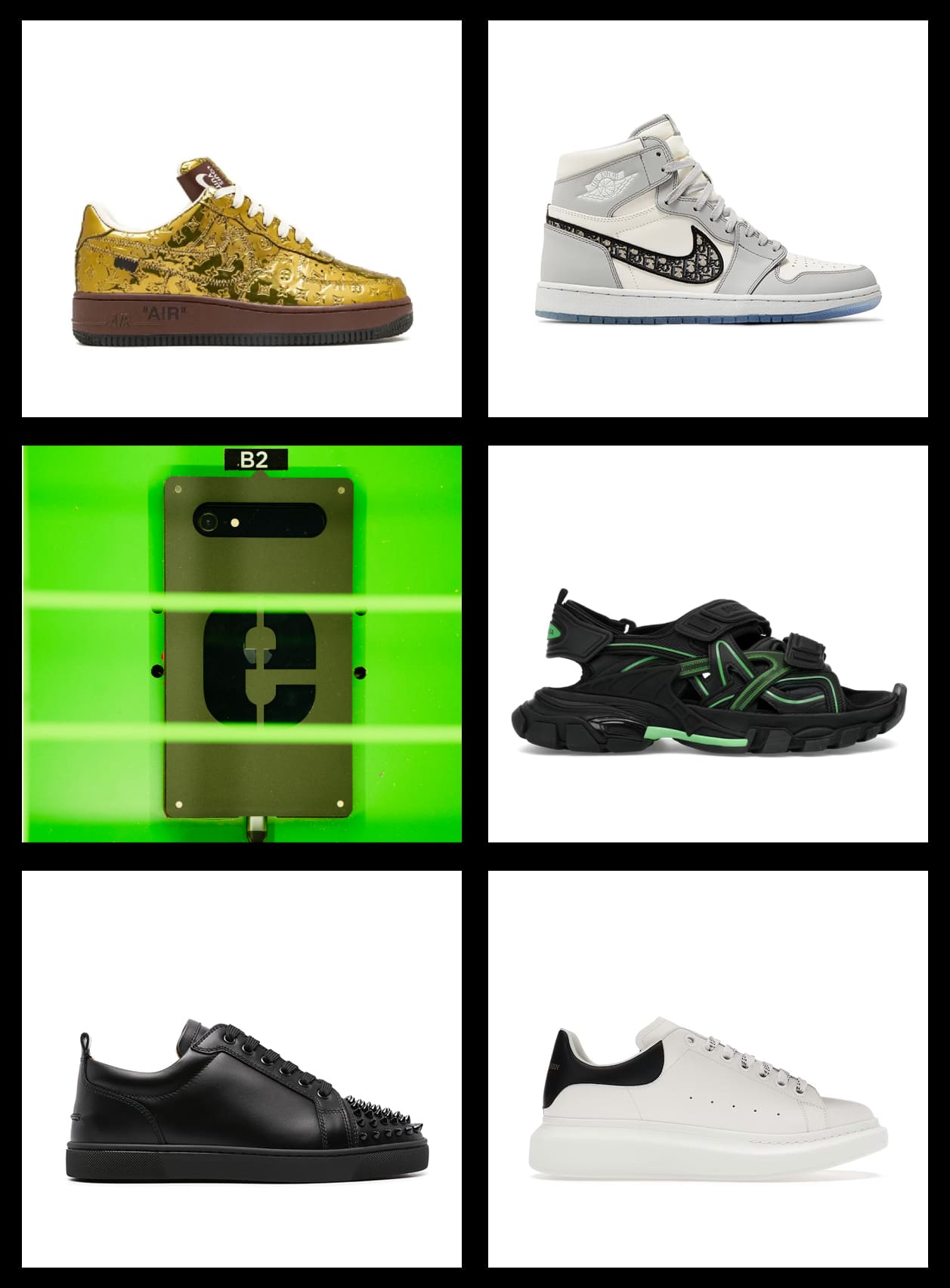 Top 5 riskiest sneaker brands: Louis Vuitton Air Force 1, Dior Jordan 1, Entrupy scanner, Balenciaga, Christian Louboutin, Alexander McQueen