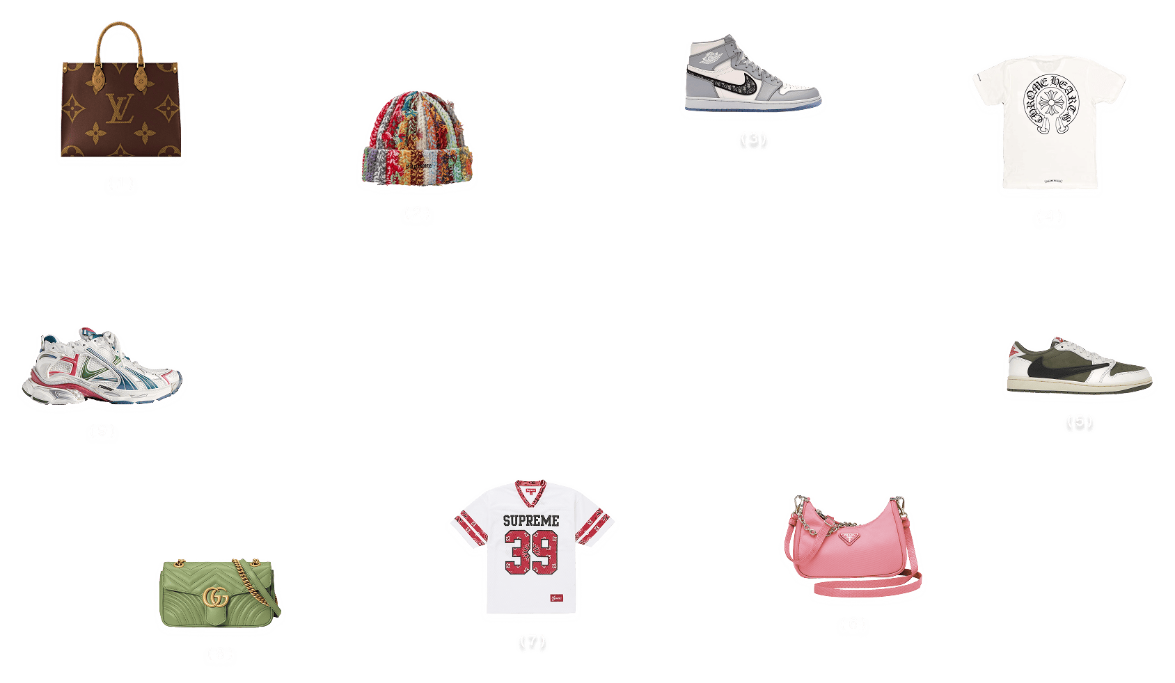 9 faked items: LV tote, Gucci beanie, Dior Jordan 1, Chrome Hearts tee, Travis Scott Jordan 1, Prada bag, Supreme jersey, Gucci Marmont bag, Nike sneaker